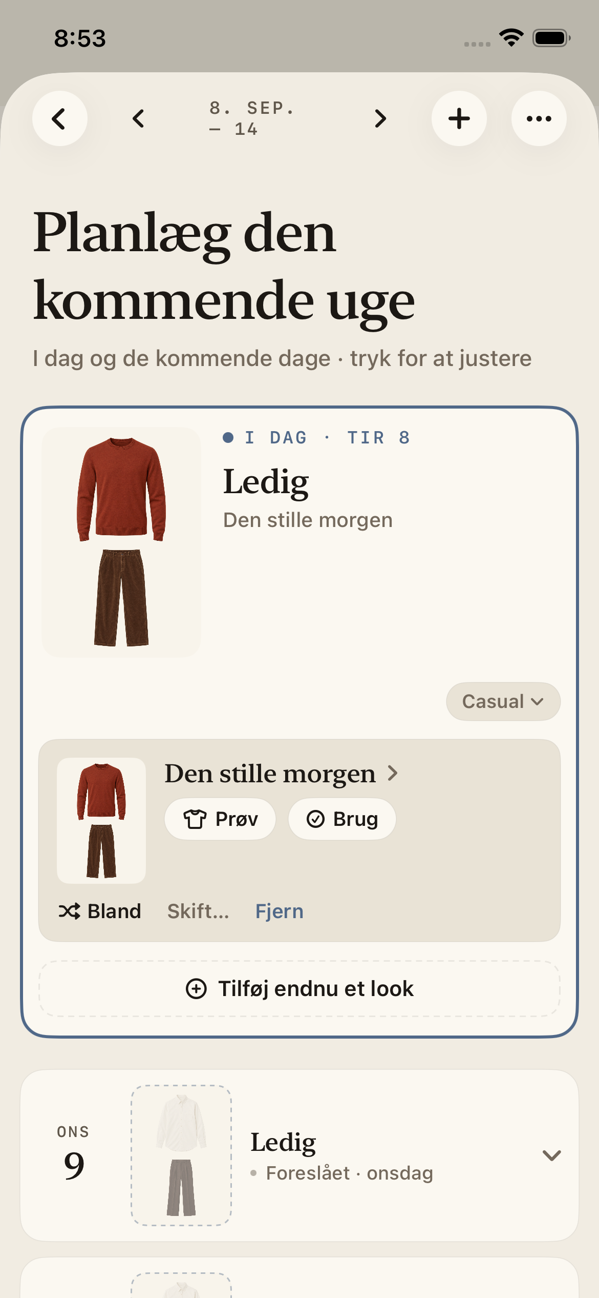 Megus ugeplanlægger med et outfit til i dag og forslag til de kommende dage