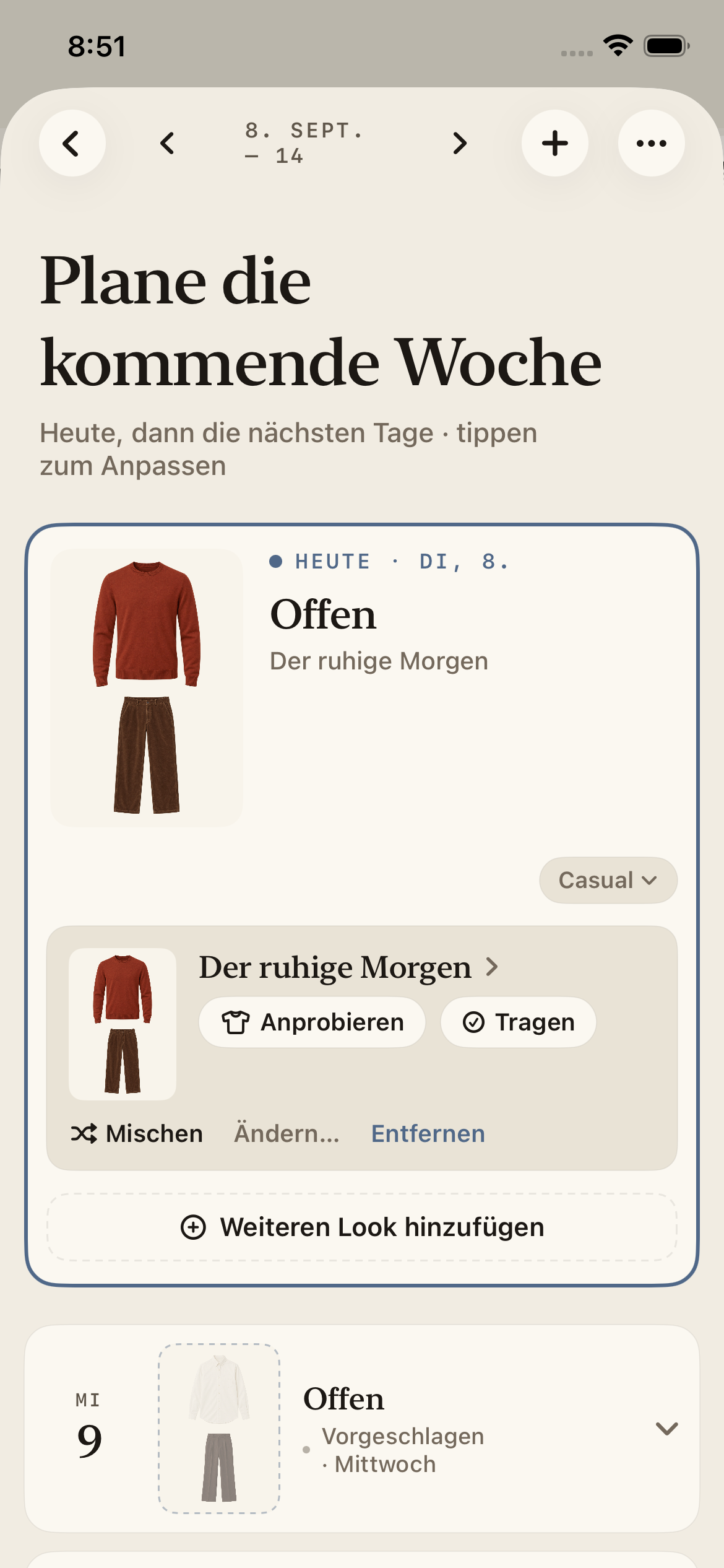 Megus Wochenplaner mit einem Outfit für heute und Vorschlägen für die kommenden Tage