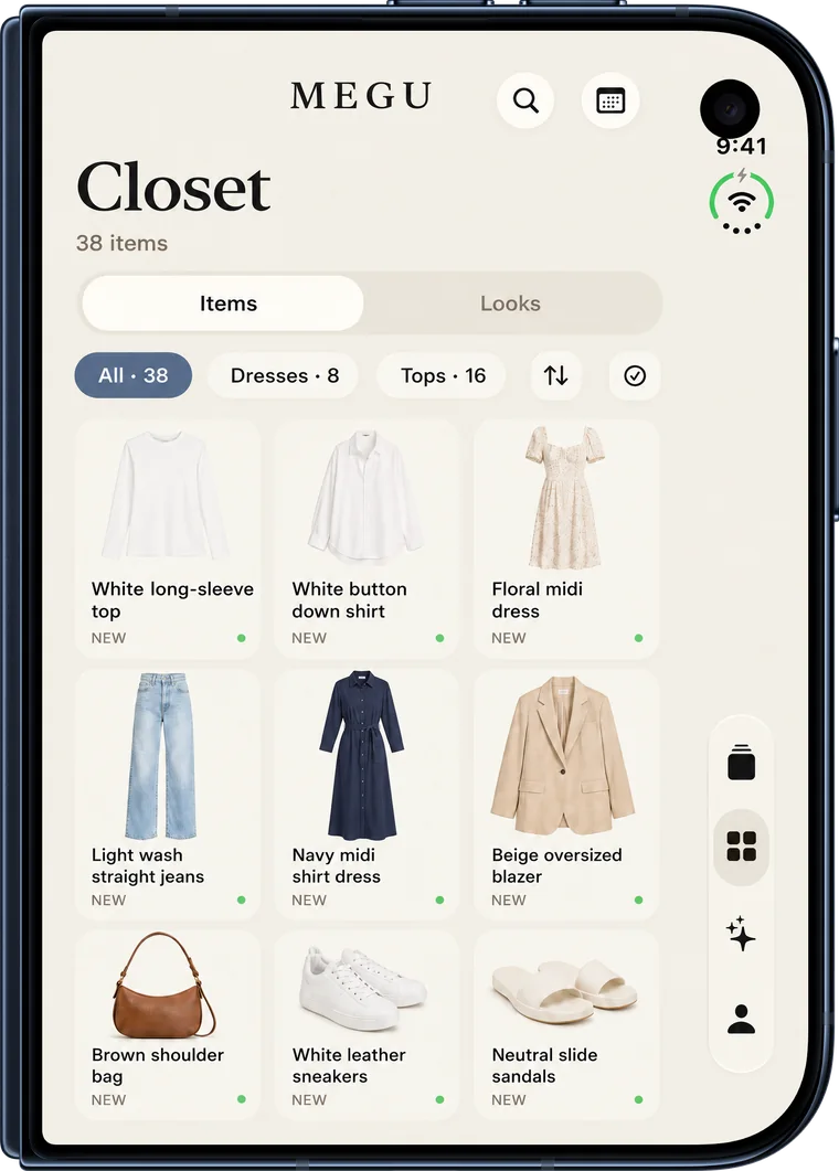 A catalogued wardrobe in the Megu grid on iPhone Duo