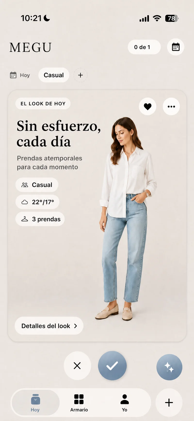 La pantalla Hoy de Megu con el look del día