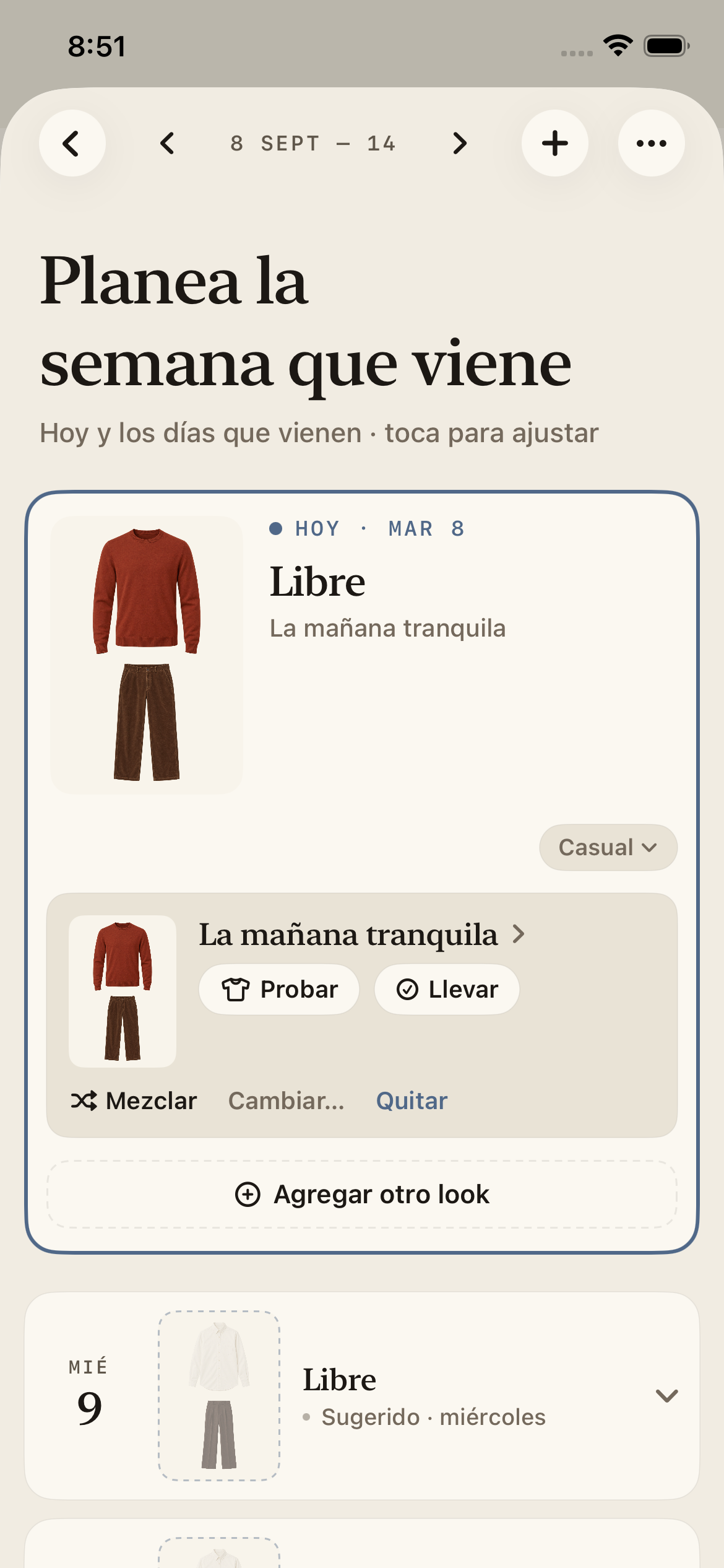 Planificador semanal de Megu con el look de hoy y sugerencias para los próximos días