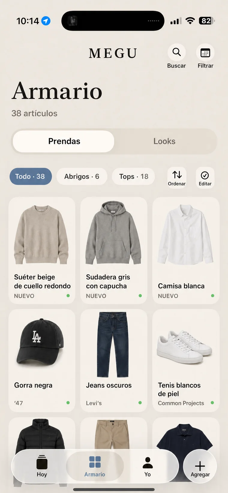 La cuadrícula del armario de Megu con filtros