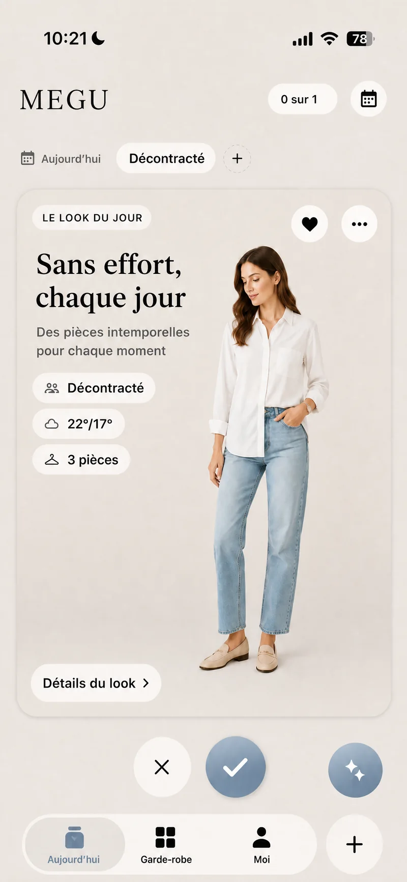 L’écran Aujourd’hui de Megu avec le look du jour