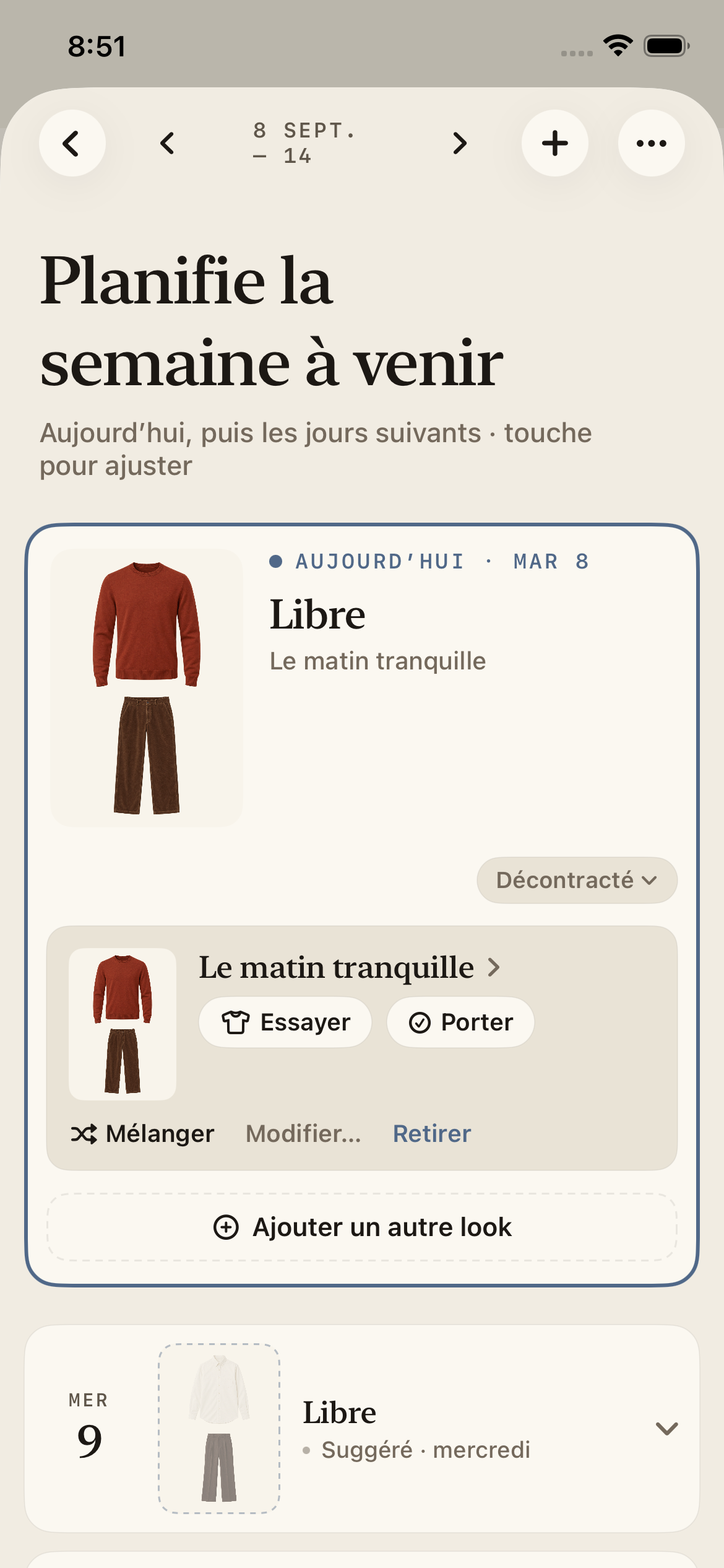 Planificateur hebdomadaire Megu avec la tenue du jour et des suggestions pour les jours suivants