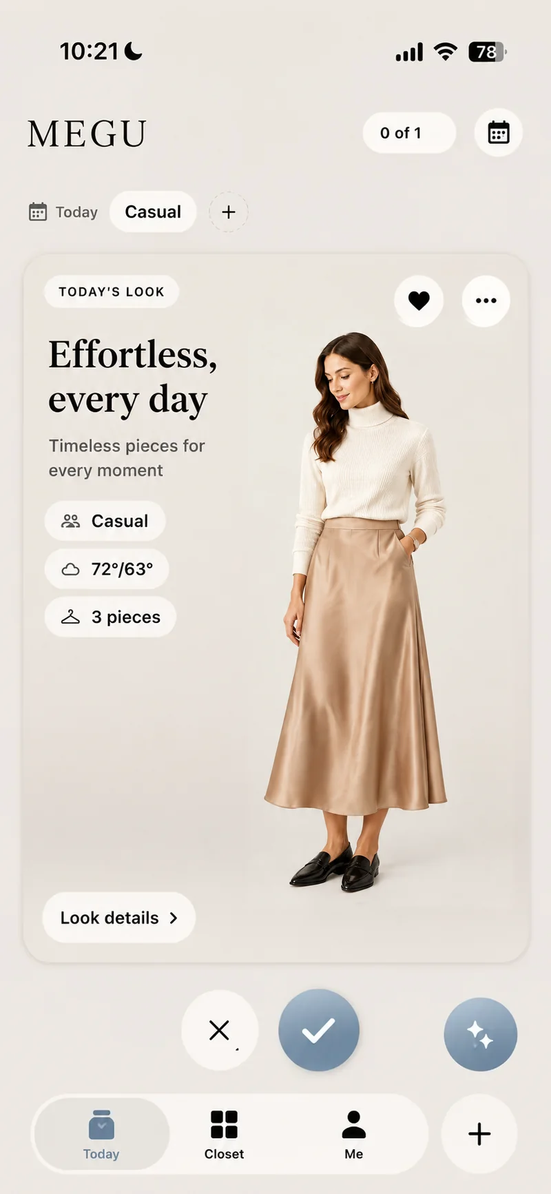 Megu's Today screen with the day's look