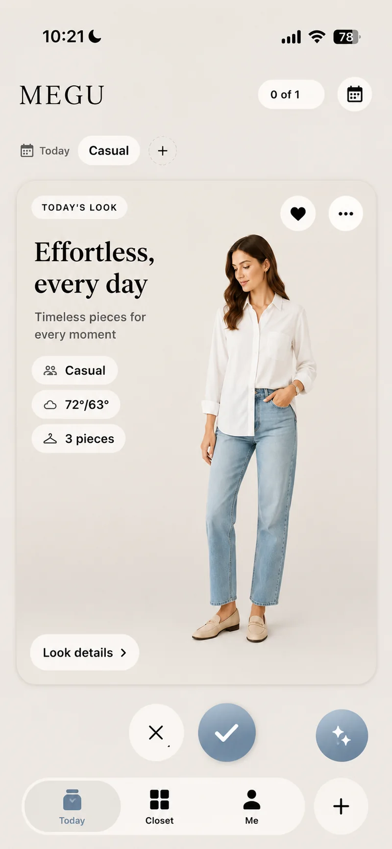 Megu's Today screen with the day's look