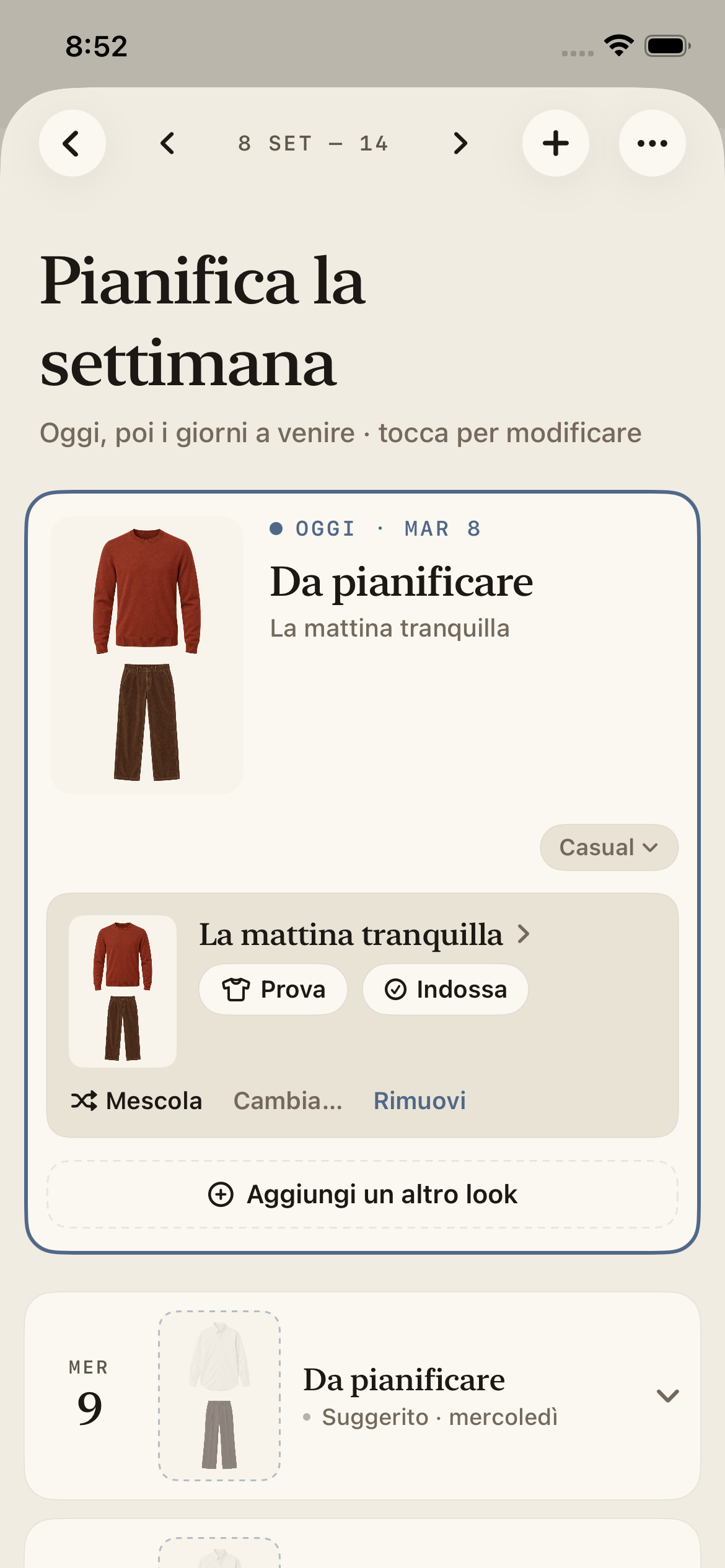 Pianificatore settimanale di Megu con l’outfit di oggi e i suggerimenti per i giorni successivi