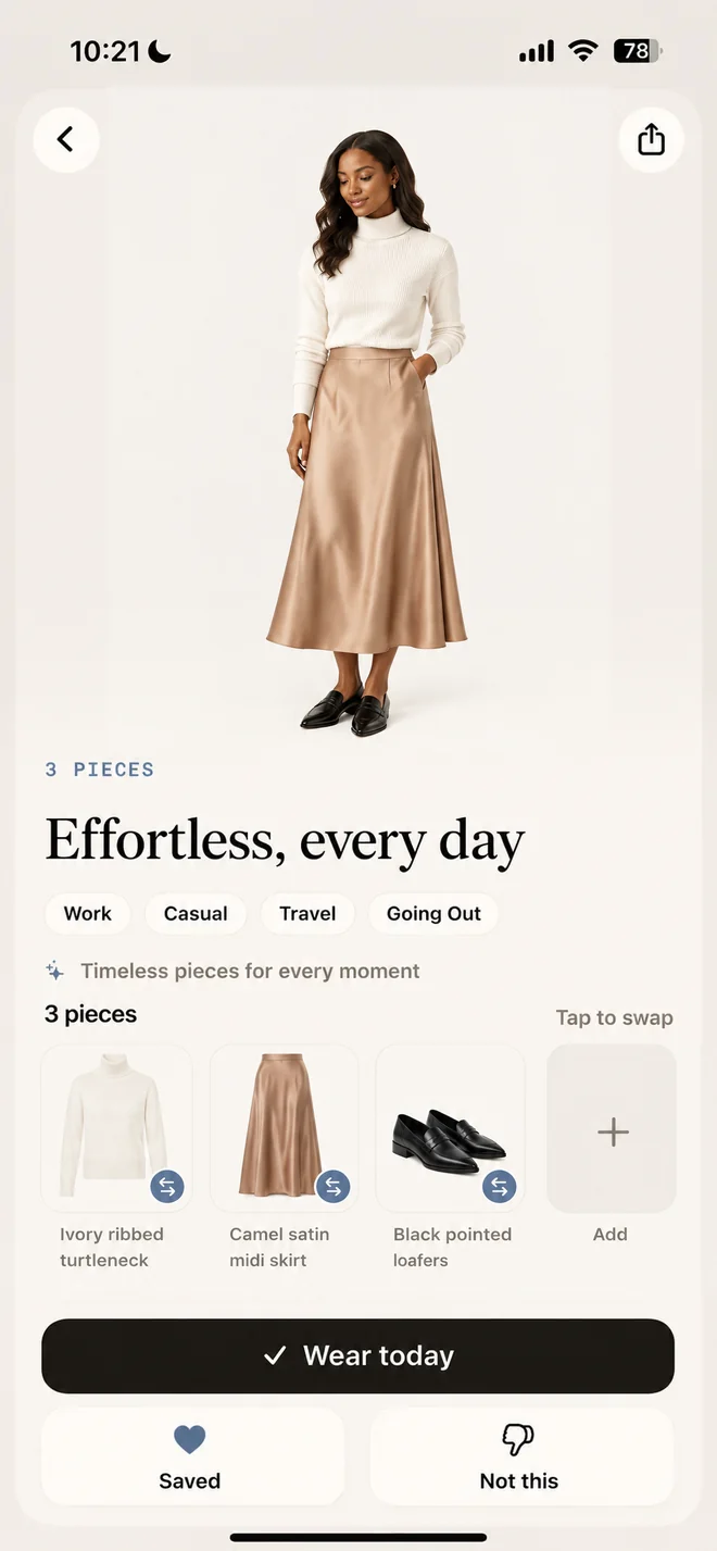 A finished look shown piece by piece