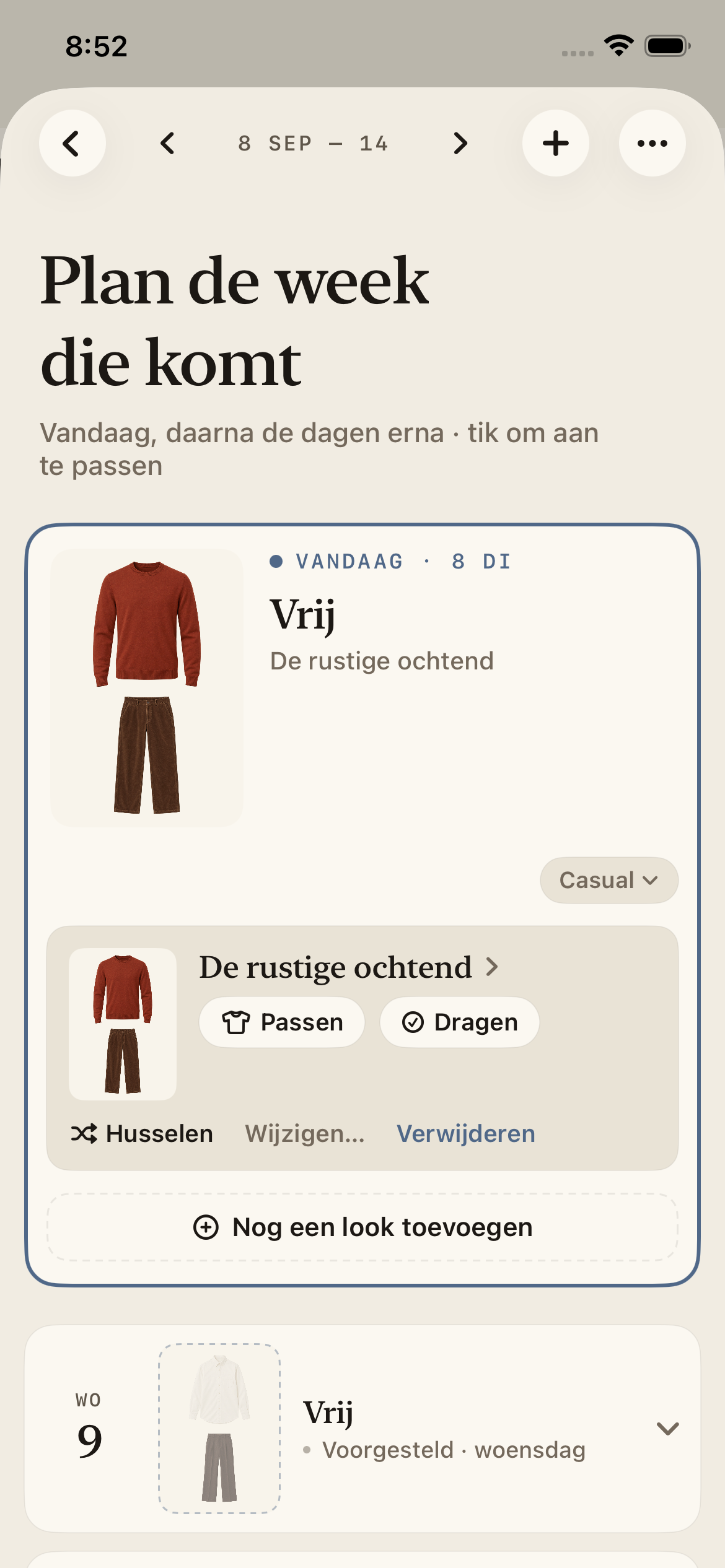 Megu-weekplanner met een outfit voor vandaag en suggesties voor de komende dagen