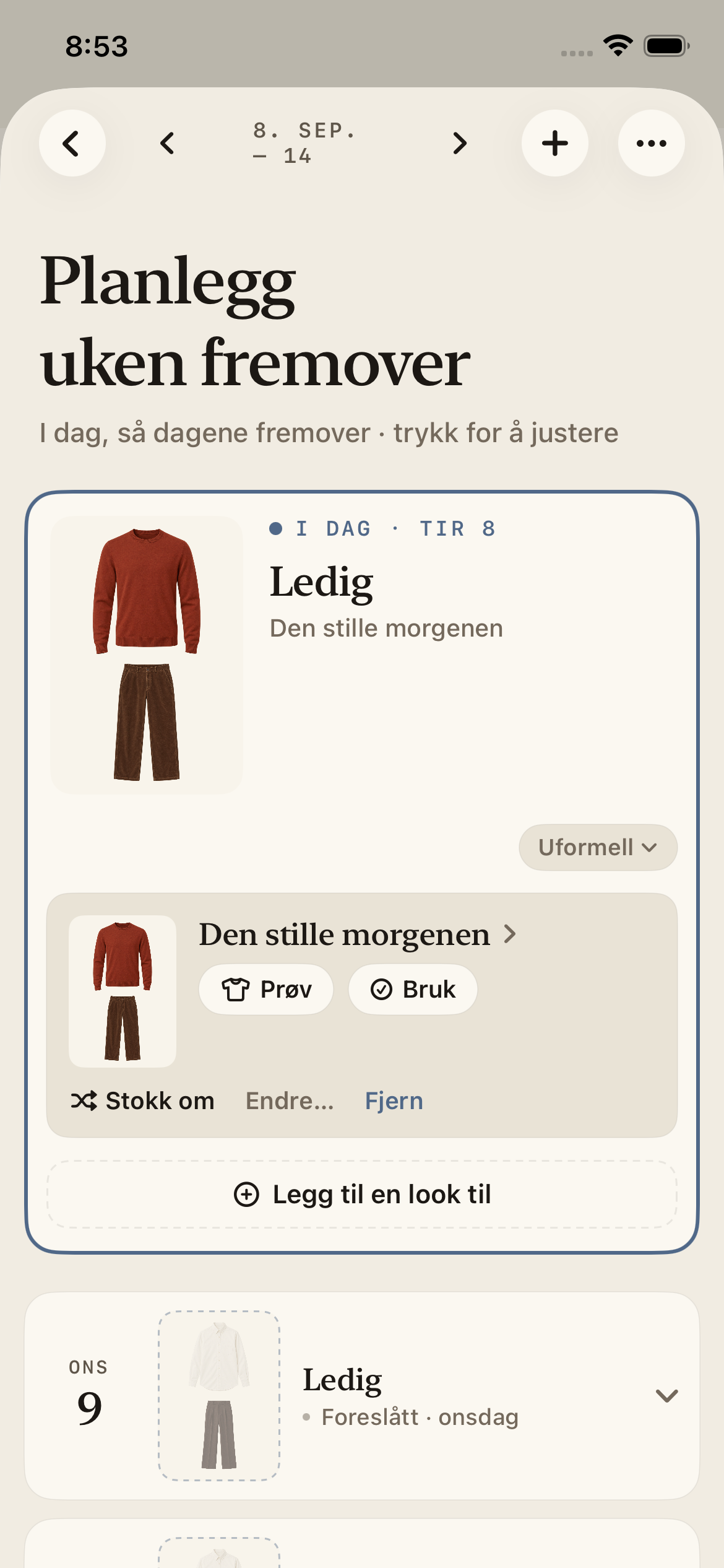 Megus ukeplanlegger med et antrekk for i dag og forslag til de neste dagene