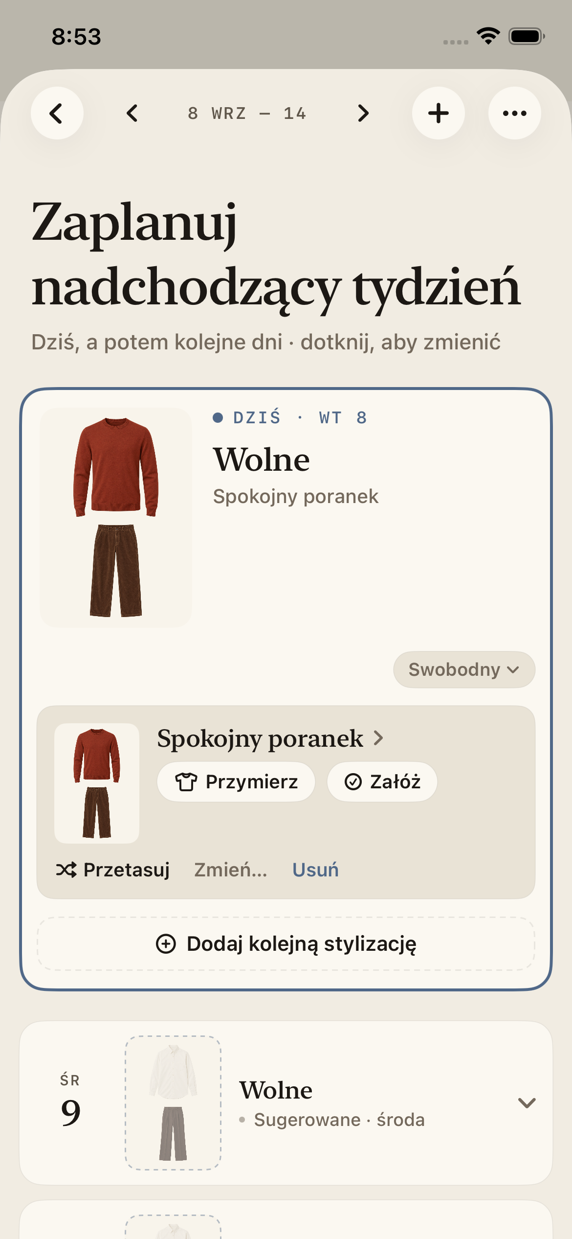 Planer tygodniowy Megu ze stylizacją na dziś i propozycjami na kolejne dni