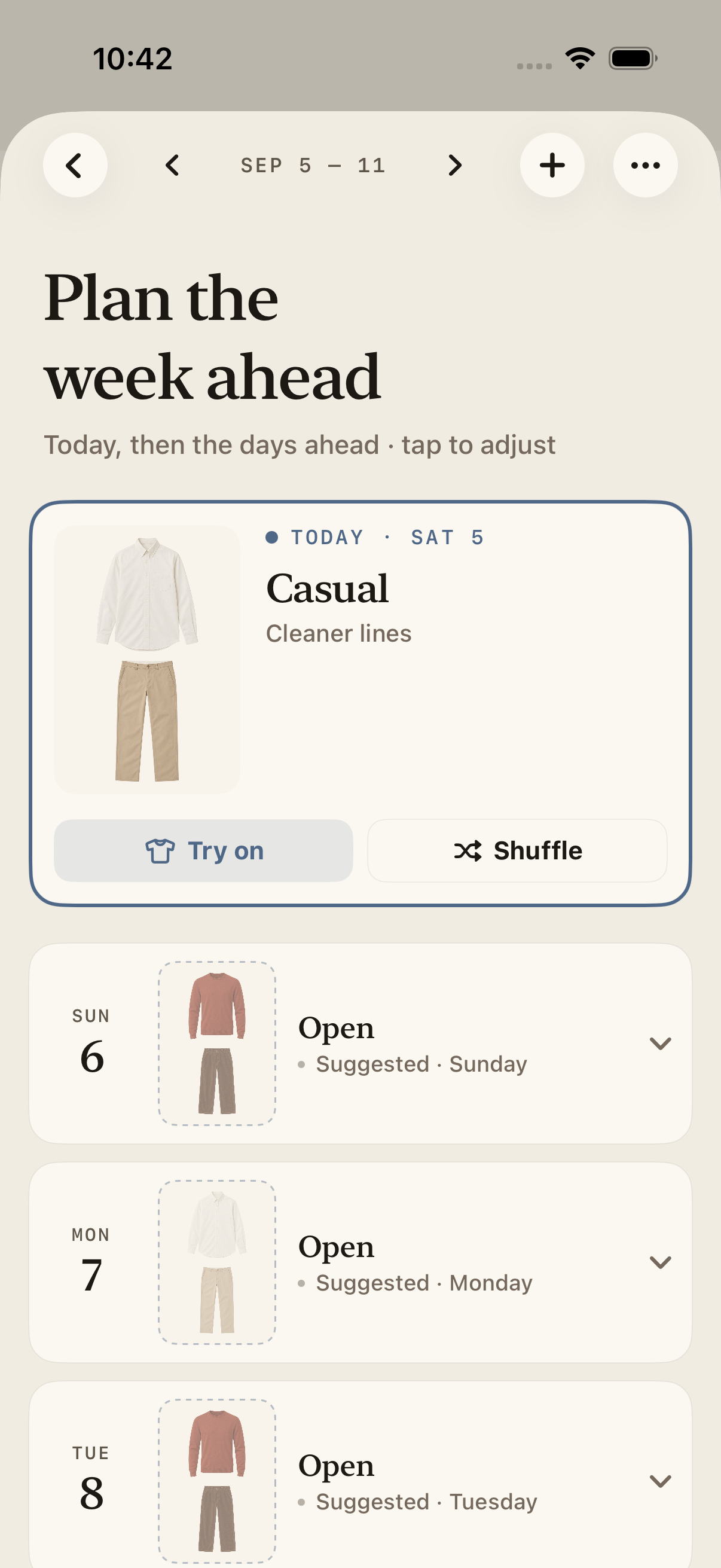 Megu weekly planner showing a demo outfit for today and suggested looks for the next days