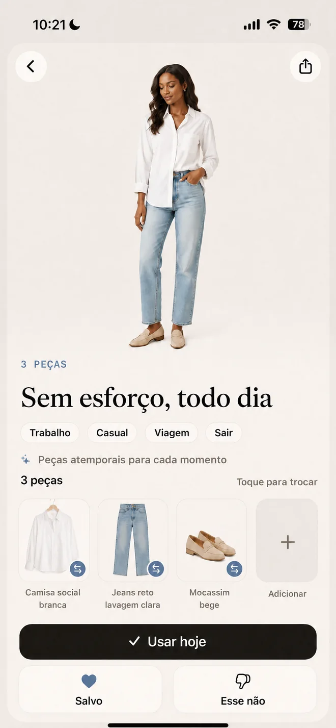 Um look pronto mostrado peça por peça