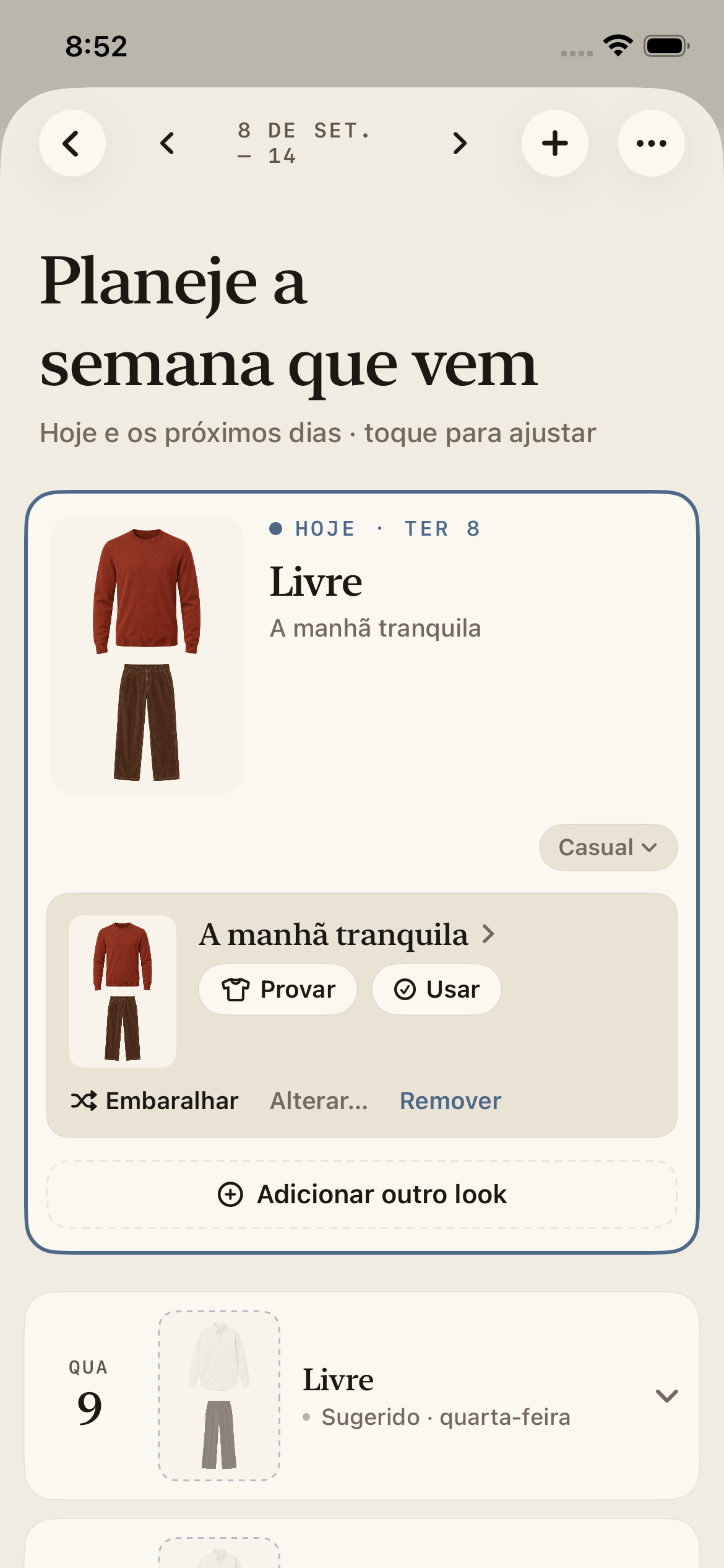 Planejador semanal de looks da Megu com um guarda-roupa de demonstração