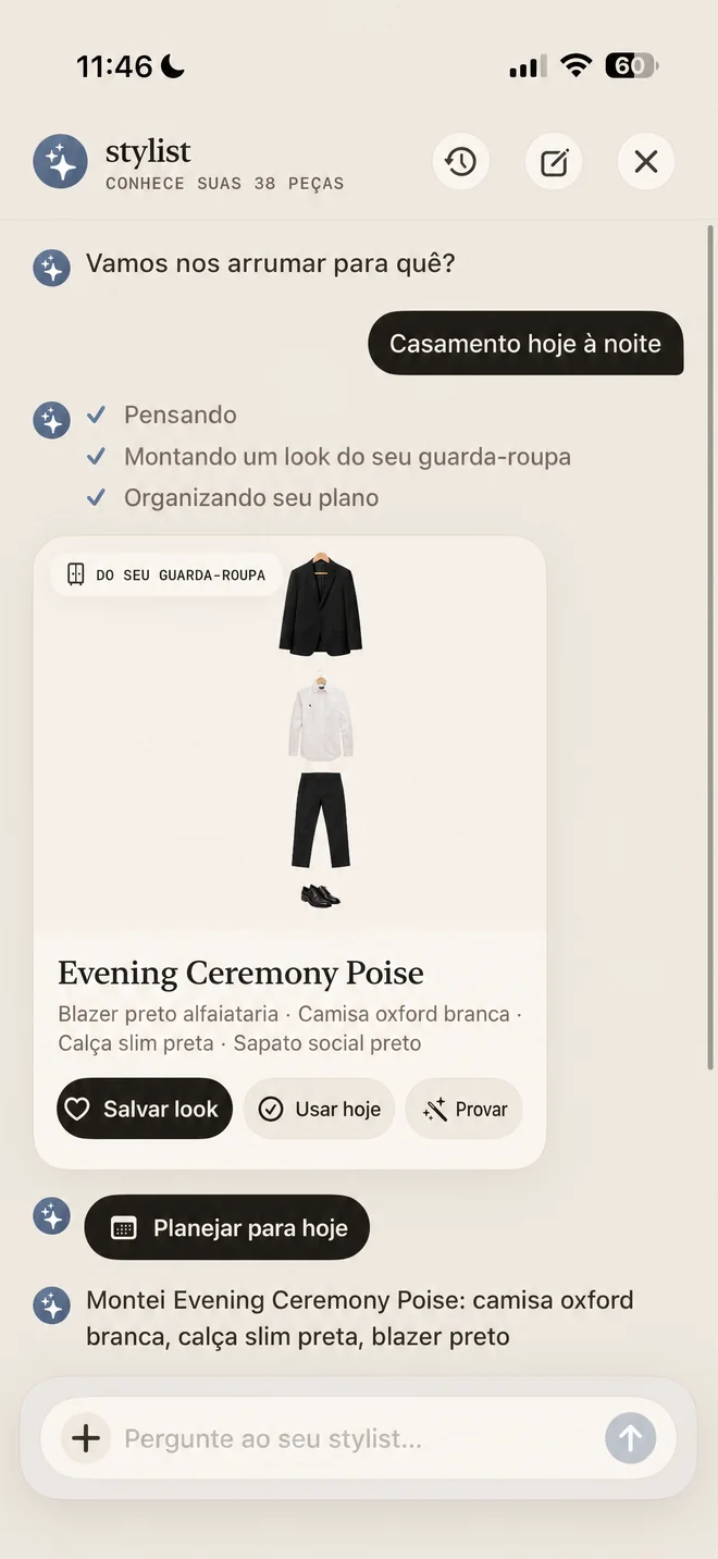 O chat do stylist do Megu montando um look