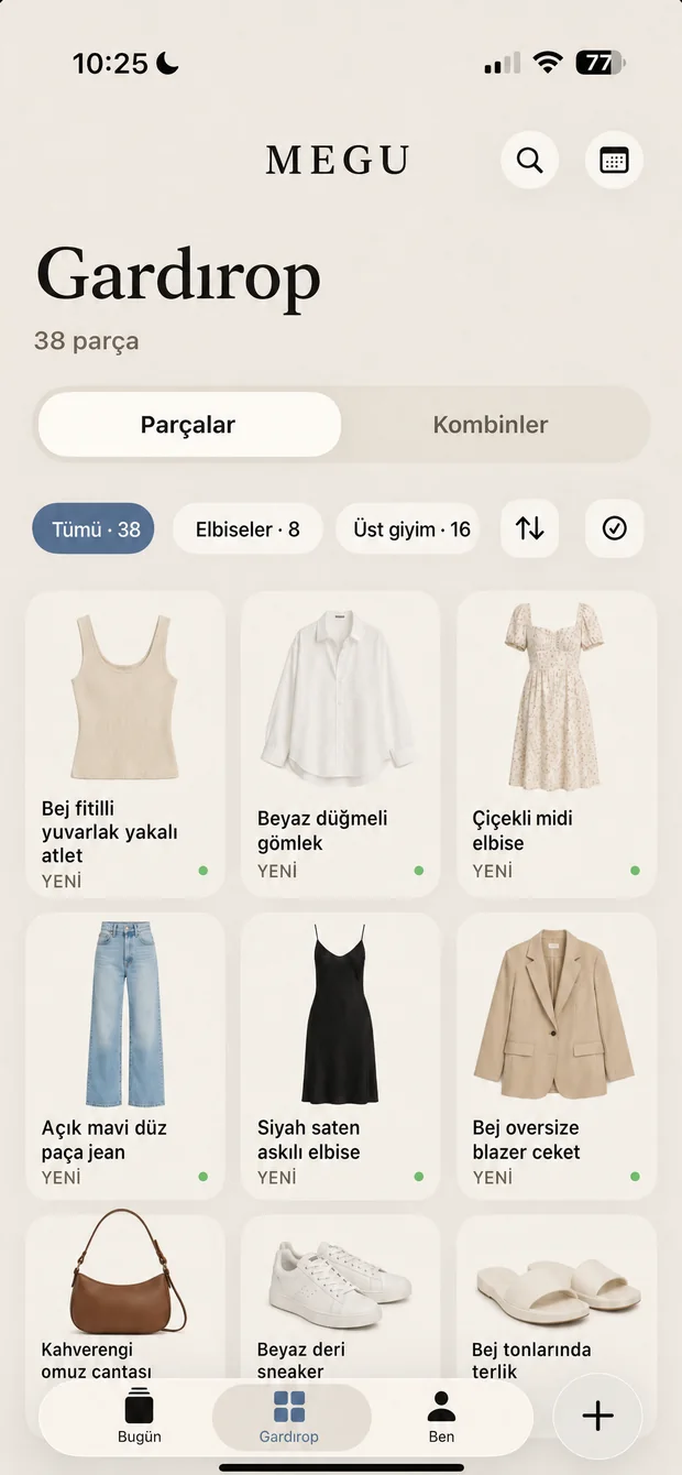 Megu ızgarasında kataloglanmış bir gardırop