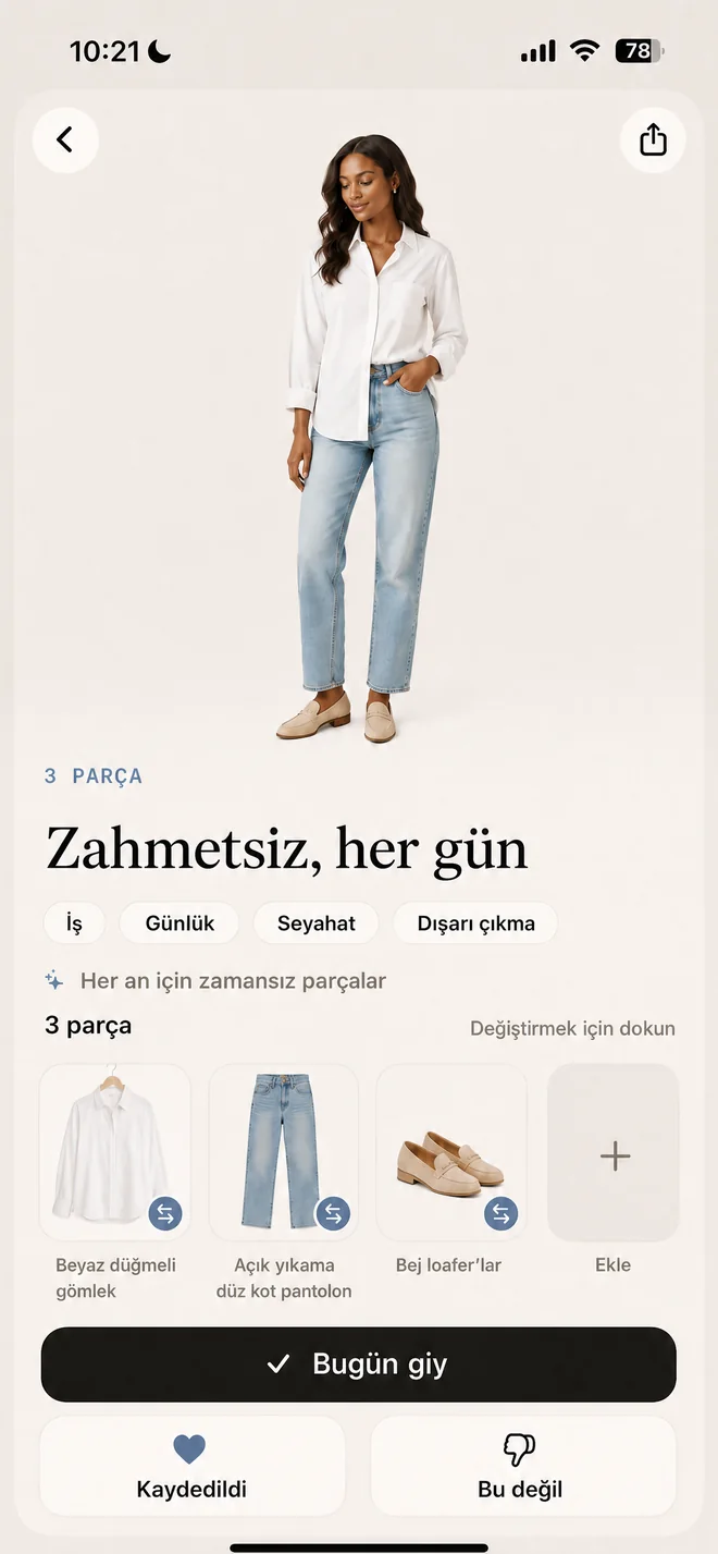 Parça parça gösterilen tamamlanmış bir kombin