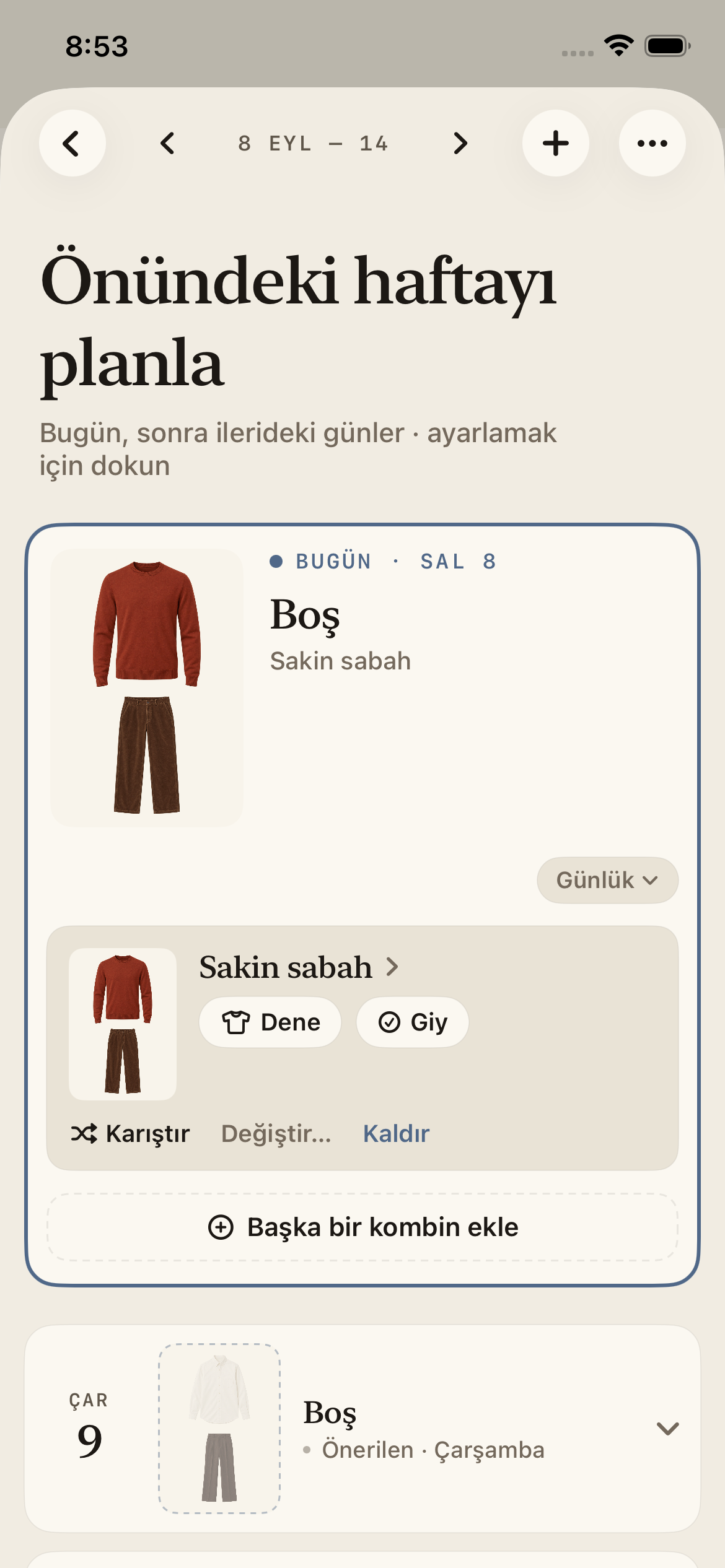 Bugünün kombinini ve önümüzdeki günlerin önerilerini gösteren Megu haftalık planlayıcı
